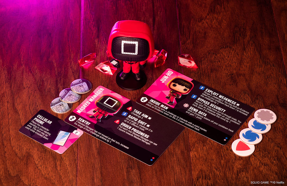 Funko Funkoverse Squid Game 101 Expansion evidence tokens for powering abilities.
