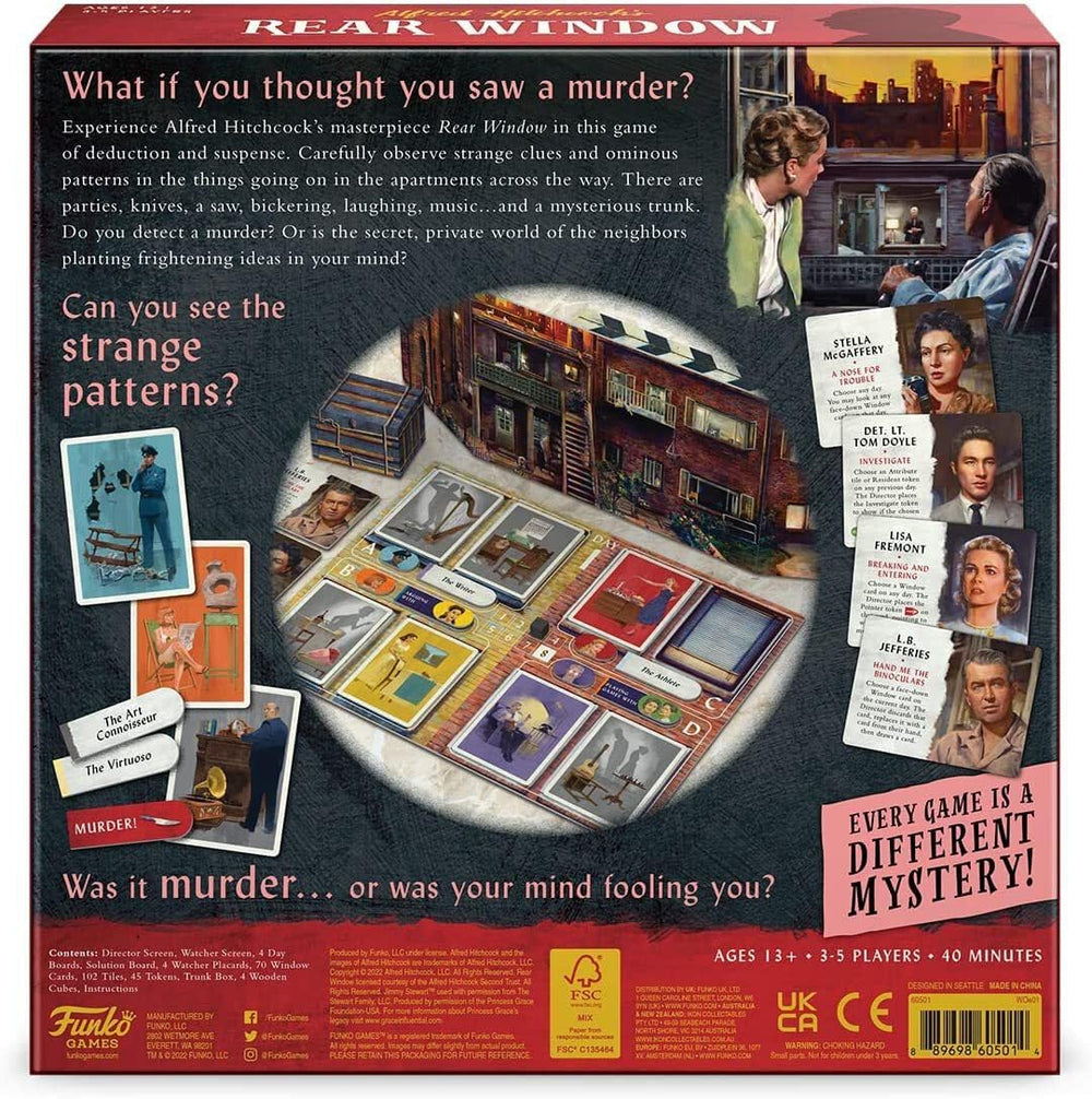 Funko Games Rear Window Game table scene shows players deducing clues together.