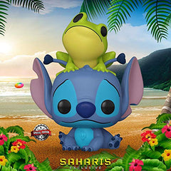 Close-up of Funko Stitch with Frog Pop showing frog perched on head