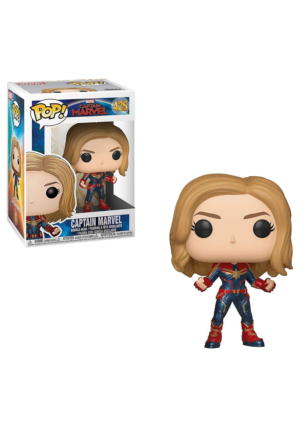 Funko Captain Marvel POP figure in a window display box, ideal for shelf display.