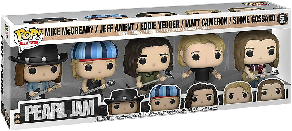 Funko Pearl Jam POP figures on shelf for display and fandom collection.