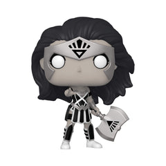 Funko Pop Heroes Black Lantern Wonder Woman side view highlights dynamic costume for display.