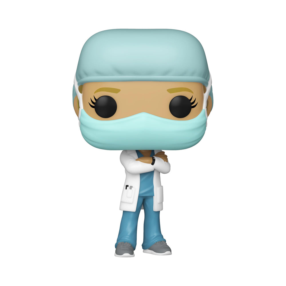 Window box display of Funko Pop! Heroes Front Line Worker figure.