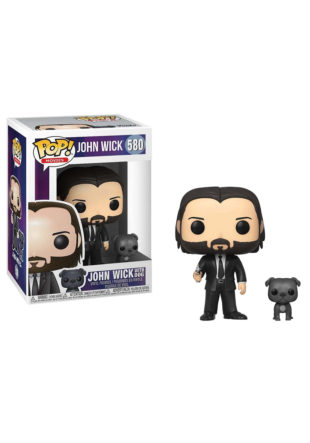 Funko Pop! John Wick figure in black suit with dog buddy, perfect for display collections.