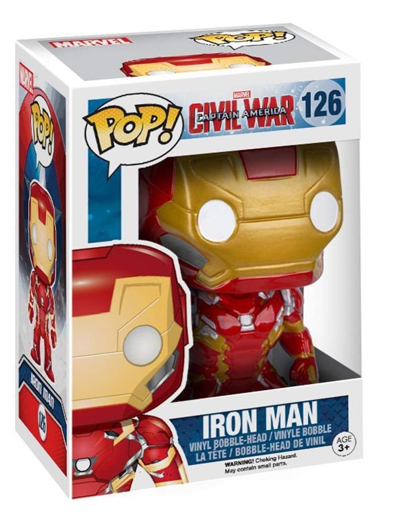 Funko Pop Marvel Captain America Civil War Iron Man from side view, collectible desk display.