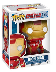 Funko Pop Marvel Captain America Civil War Iron Man from side view, collectible desk display.