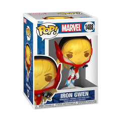 Funko Pop! Marvel Spider-Gwen Gwenverse Iron Gwen front view showcases vibrant graphics and premium display appeal.
