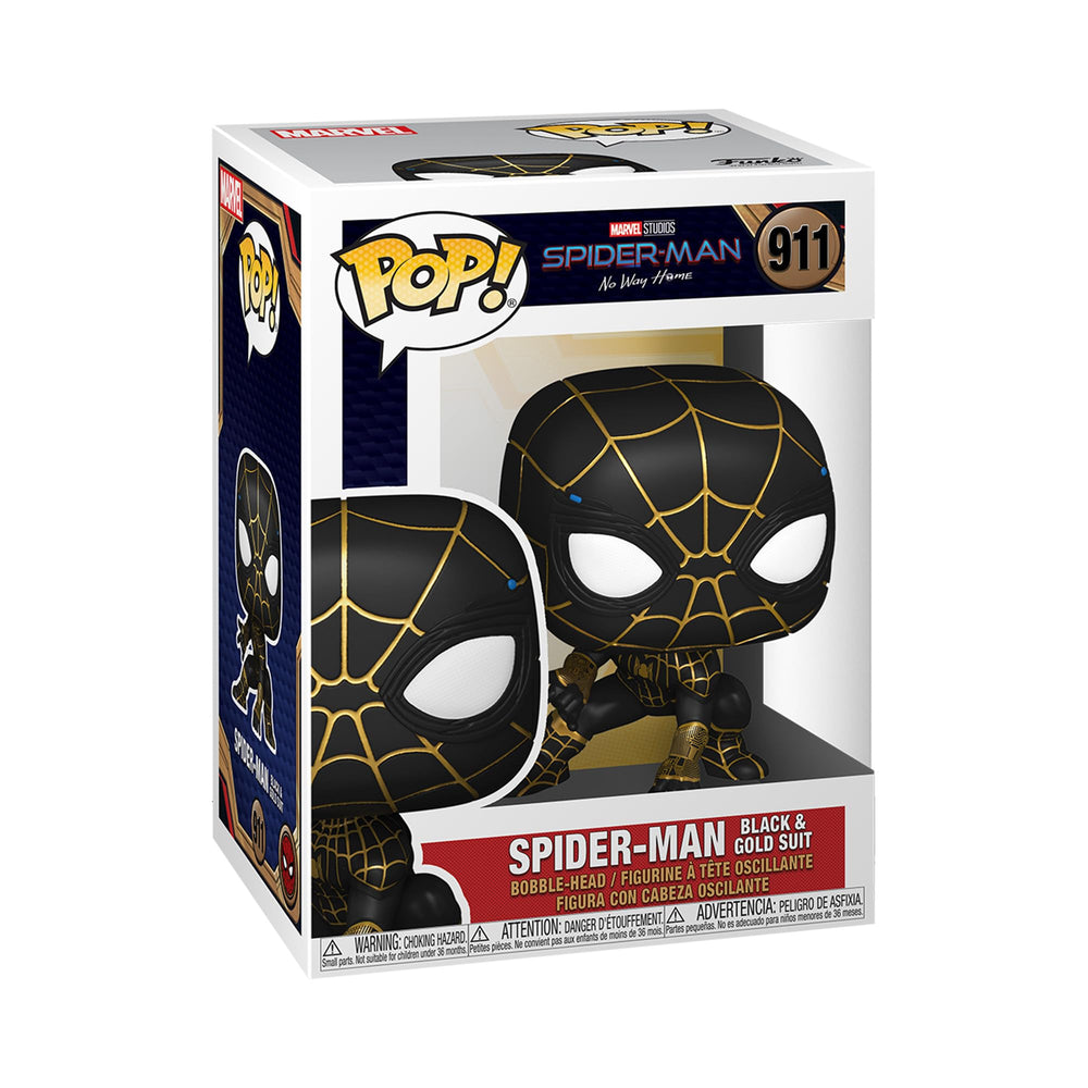 Funko Pop Spider-Man No Way Home black and gold suit front view for display