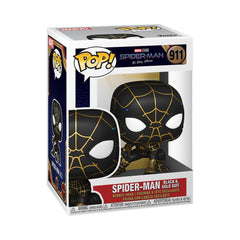 Funko Pop Spider-Man No Way Home black and gold suit front view for display