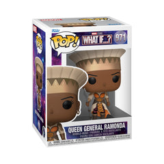 Funko Pop Marvel What If Queen General Ramonda packaging display for collectors.
