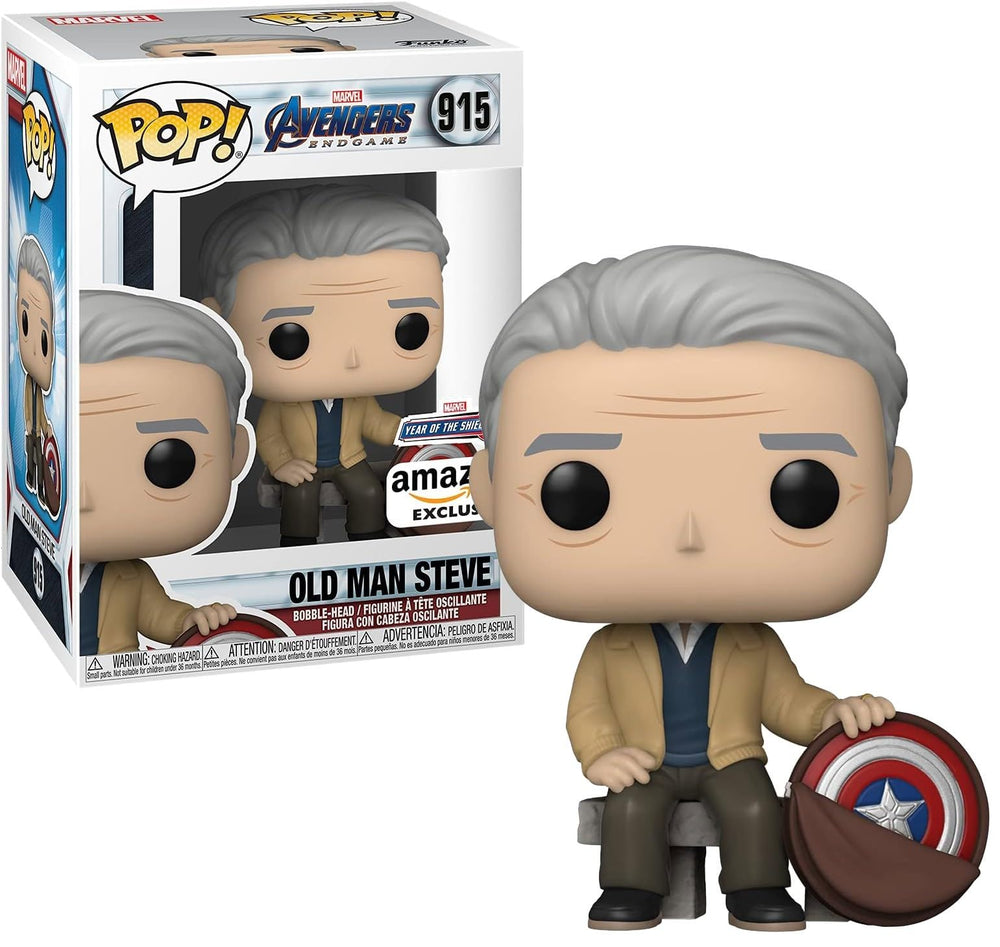 Funko Pop Marvel Year of the Shield Old Man Steve sitting on a bench, display piece for collectors.
