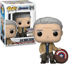 Funko Pop Marvel Year of the Shield Old Man Steve sitting on a bench, display piece for collectors.
