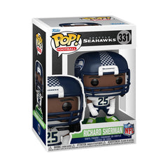Funko Pop! Richard Sherman Seahawks front view displayed on a shelf.