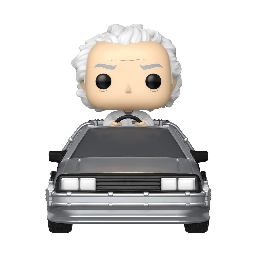 Funko Pop! Rides Deluxe Back to the Future Doc with Time Machine side view, ideal for shelf display.