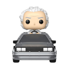 Funko Pop! Rides Deluxe Back to the Future Doc with Time Machine side view, ideal for shelf display.