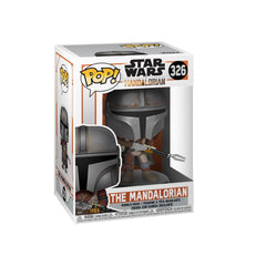 Funko Pop Star Wars Mandalorian bobblehead on display shelf, ideal for fan shelves.