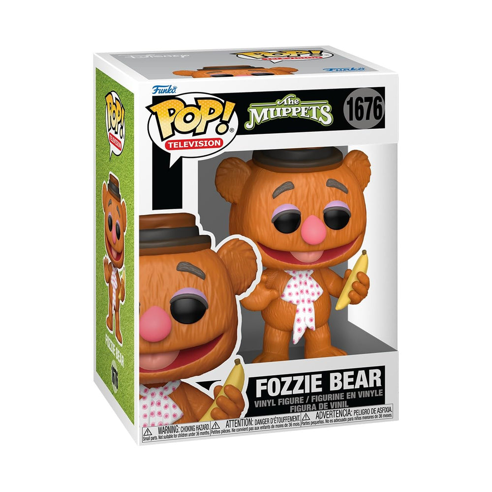 Funko Pop! The Muppets Fozzie Bear figure on display shelf, ideal for collectors.