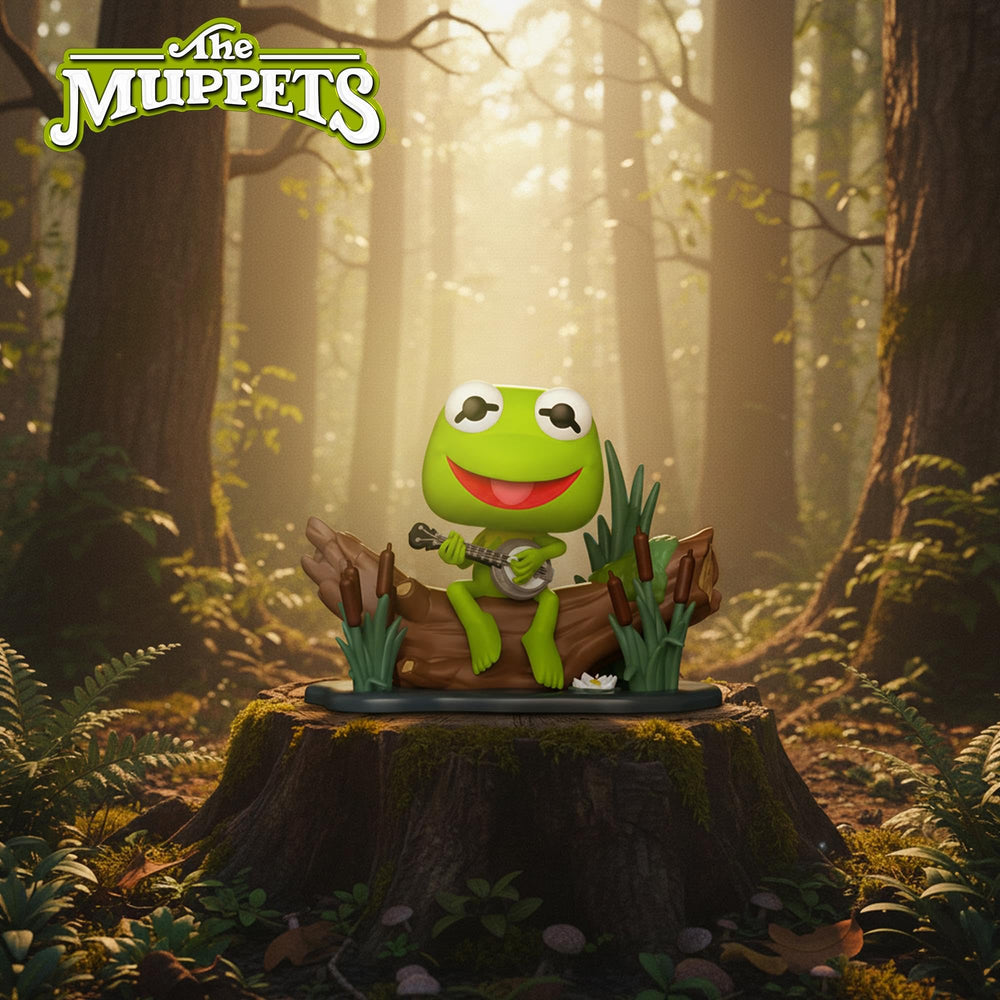 Kermit with Banjo Funko Pop on display case, ideal for shelves