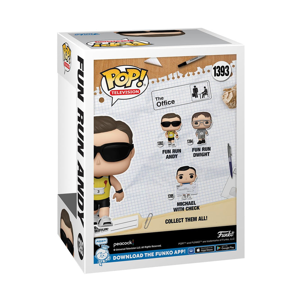 Funko Pop! The Office Andy Bernard Fun Run figure on desk display with warm lighting
