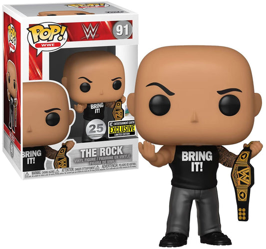 Funko The Rock figure with championship belt, ideal display for WWE fans.