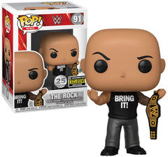 Funko The Rock figure with championship belt, ideal display for WWE fans.