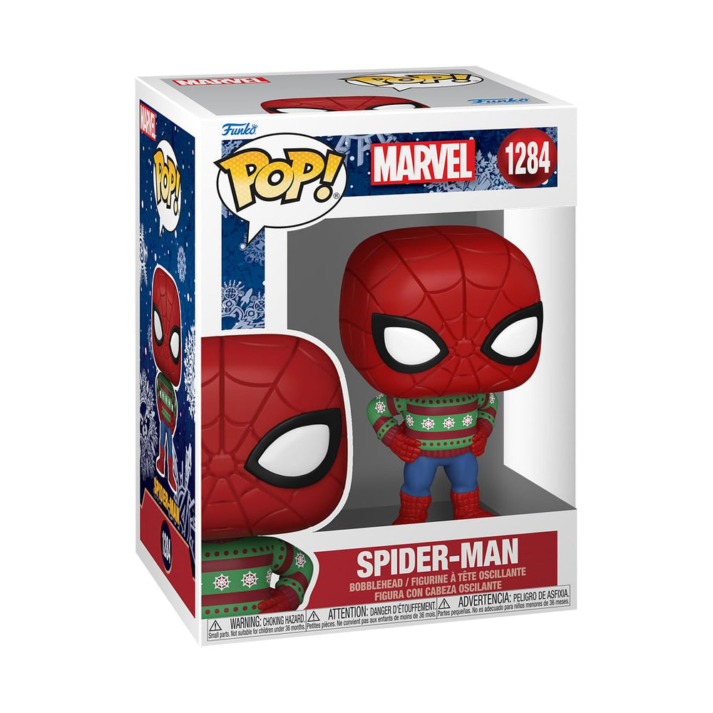 Funko Spider-Man Holiday figure in festive sweater, perfect gift for Marvel fans