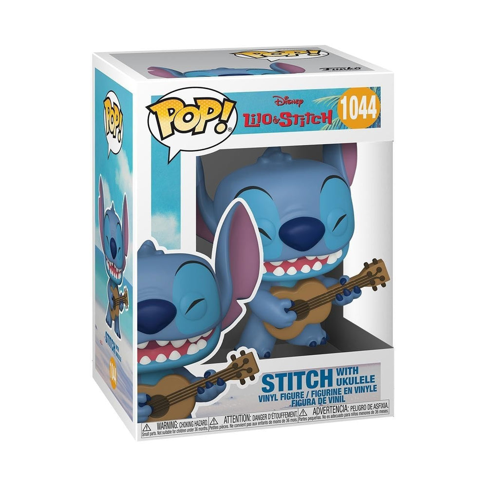 Funko Stitch ukulele figure on display shelf for fans and collectors