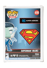 Funko Superman Blue Pop! box art emphasizes collector-friendly presentation.