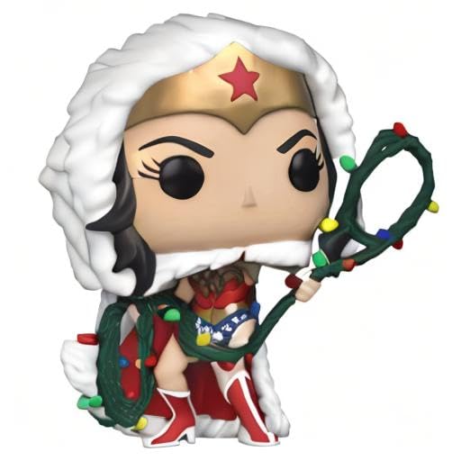 Close-up of Funko Wonder Woman DC Holiday display showing string light details
