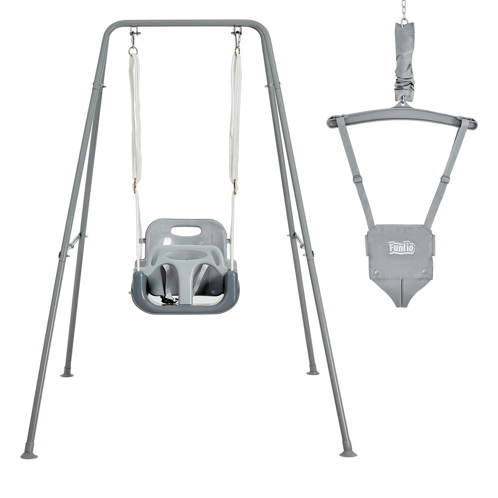 FUNLIO 2-in-1 swing set assembly demonstrating easy setup for indoor or outdoor play