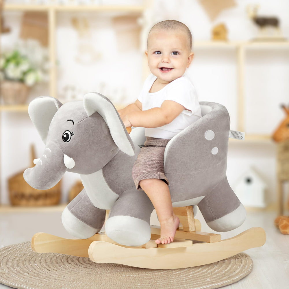 FUNLIO Elephant rocking horse close-up eyes showing expressive detail for imagination.
