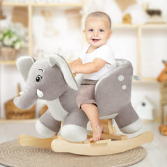 FUNLIO Elephant rocking horse close-up eyes showing expressive detail for imagination.