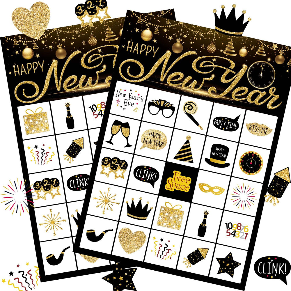 Funnlot New Year Eve Bingo cards showcase 24 unique designs for engaging kids.