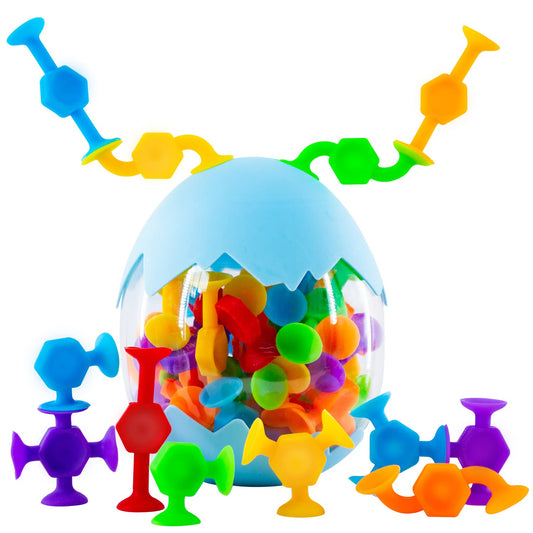 Funny Old Man 48-piece bath toys with dinosaur eggshell storage for engaging bath play.