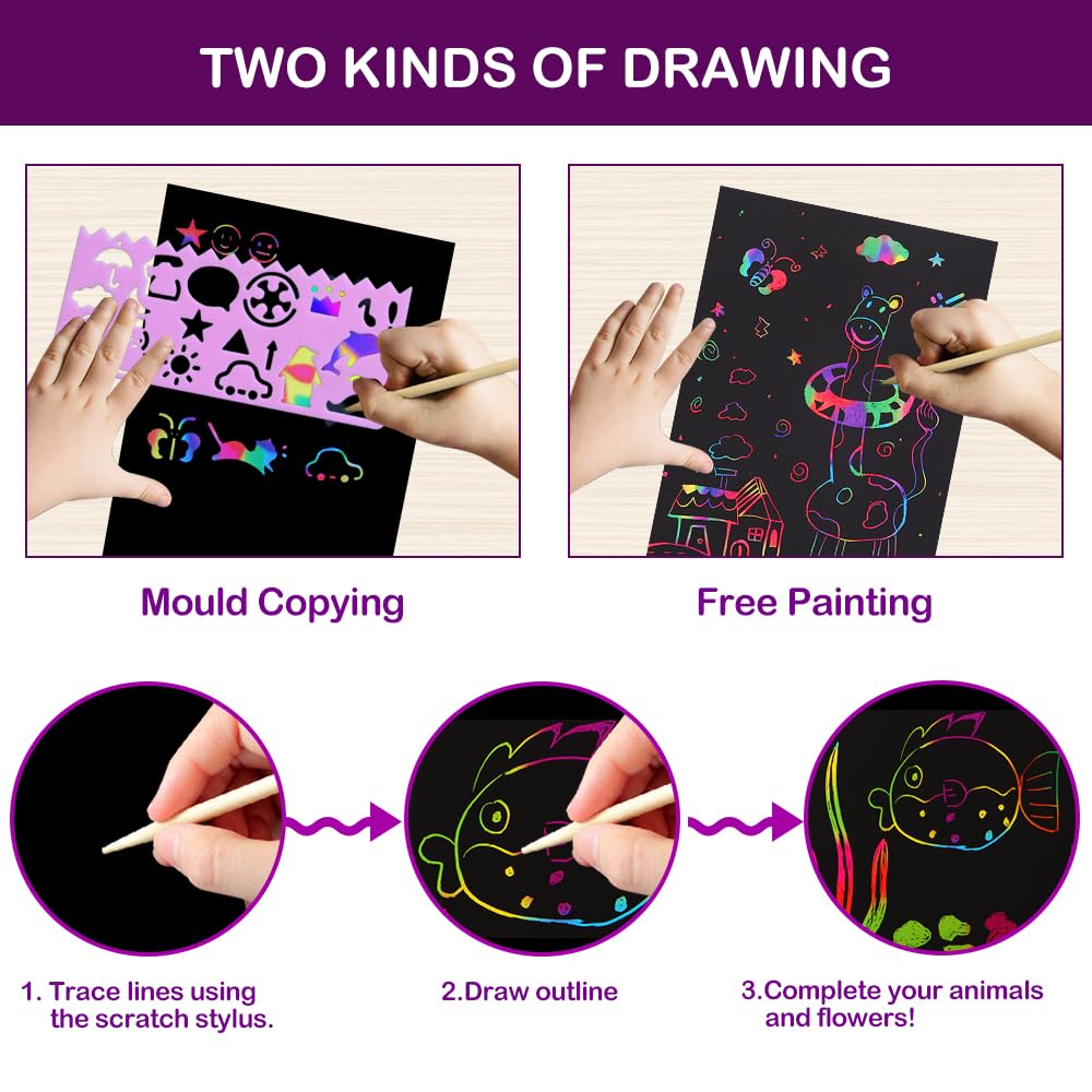 FUNNYB&G Rainbow Scratch Paper sheets reveal bright patterns for kids' art projects