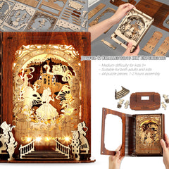 FUNPOLA Alice in Wonderland 3D puzzle nightlight shows intricate forest scene during assembly.