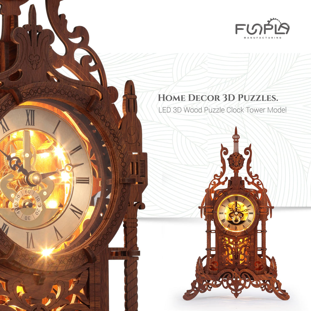 FUNPOLA LED 3D Wood Puzzle Clock Tower detailed parts show premium plywood finish.