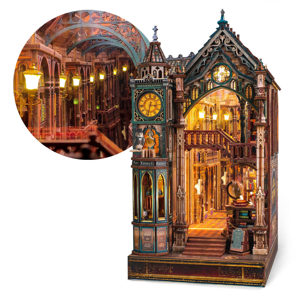 FUNPOLA Magic Library Book Nook Kit with LED glow adding warm ambiance to your shelf.