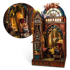 FUNPOLA Magic Station bookend assembly showcases a whimsical scene for shelf decor and cozy reading ambiance.