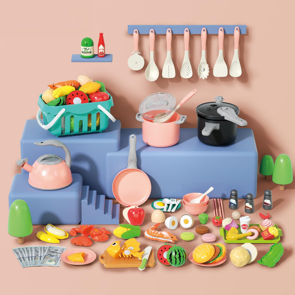 Funpynani Morandi color cookware set highlighting stylish, imaginative play for toddlers.