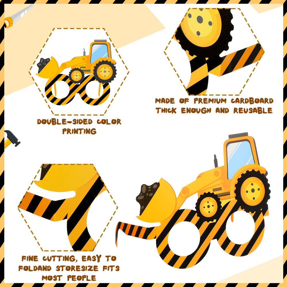 Funrous construction vehicle glasses brighten group portraits at celebrations.