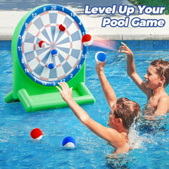 Family enjoying pool fun with Funscape darts game under sunny backyard.