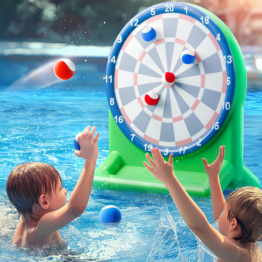 Funscape inflatable dart board in pool ready for splashy play and competition.