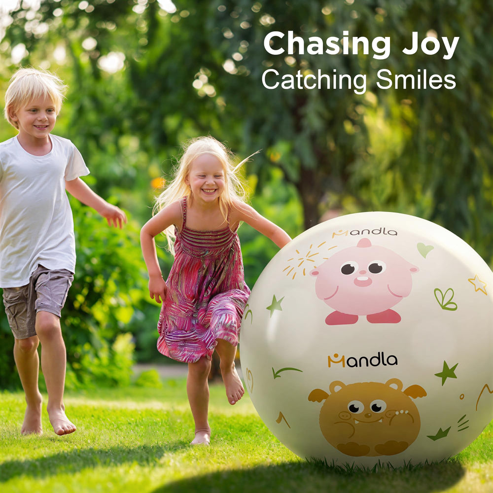 Funscape ball in sunny backyard during kicking, throwing, and catching.