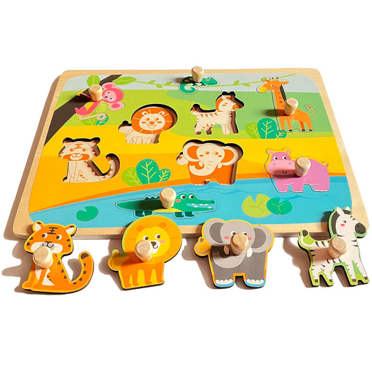 Funsland wooden puzzle with peg handles helps toddlers develop fine motor skills during play