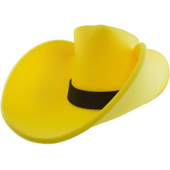 Funstitution giant yellow foam cowboy hat worn for festive party fun