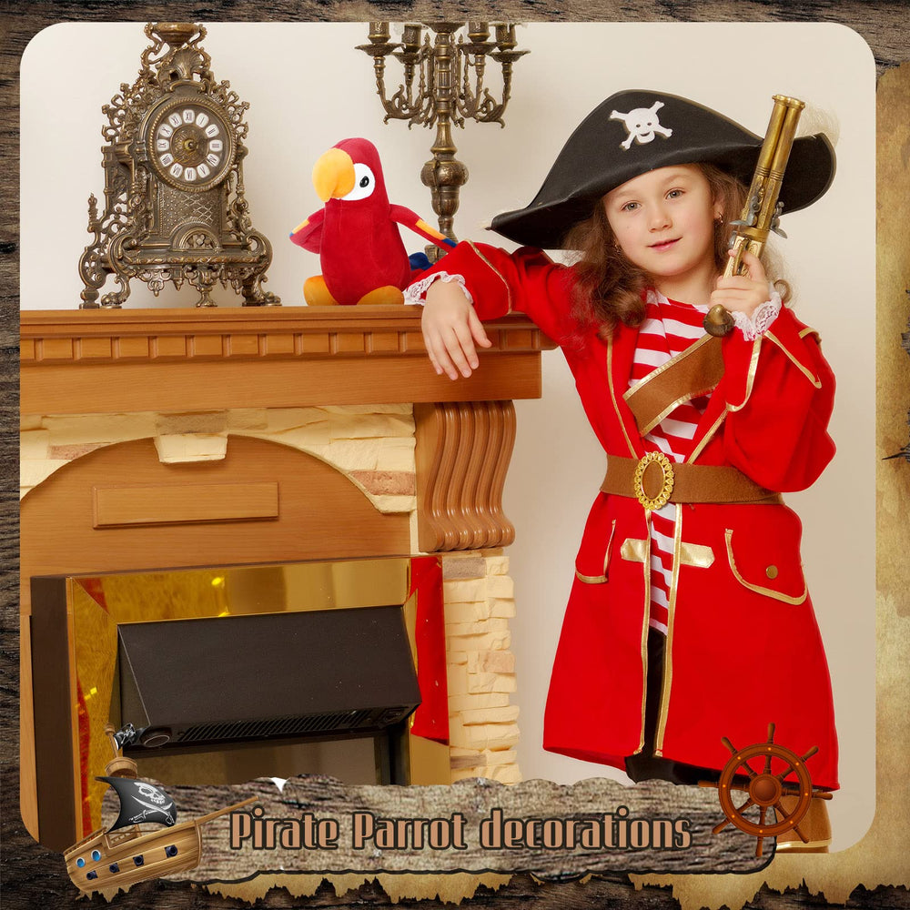 Funtery red plush pirate parrot on shoulder prop enhances playful character.