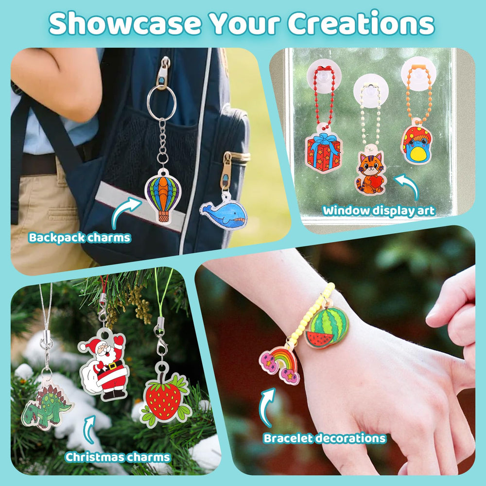 Funtopia shrinking art sheets kit finished charms and keychains ready to gift