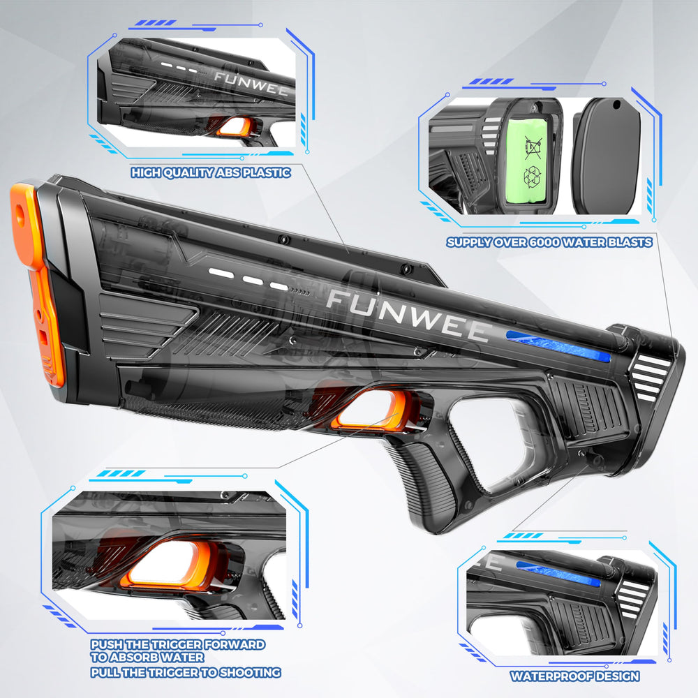 Funwee automatic water gun shown at pool party suitable for family games