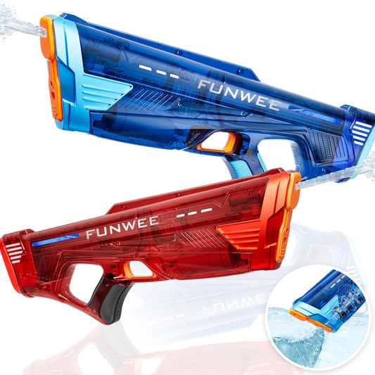 Funwee electric water gun two-pack in blue and red for outdoor battles.